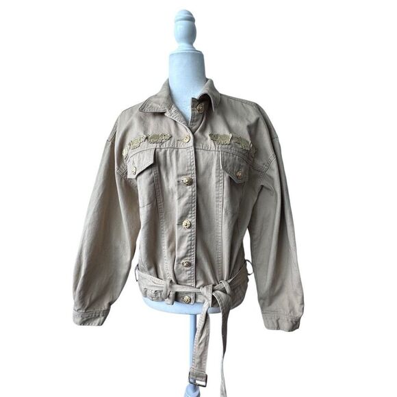 Vintage Tan Bomber Jacket 100% Cotton Women’s Embellished Belt SZ 12 - Picture 14 of 14